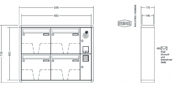 RENZ Briefkastenanlage Aufputz RS2000 Kastenformat 370x330x145mm, mit Klingel - & Lichttaster und Vorbereitung Gegensprechanlage, 4-teilig, Renz Nummer 10-0-35934